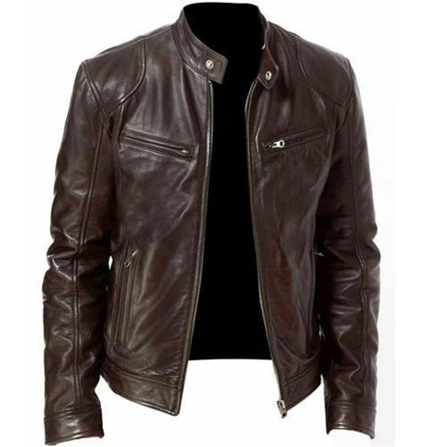 Men's Warm Zipper Cardigan Pocket Decorated PU Leather Jacket