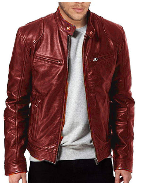 Men's Warm Zipper Cardigan Pocket Decorated PU Leather Jacket